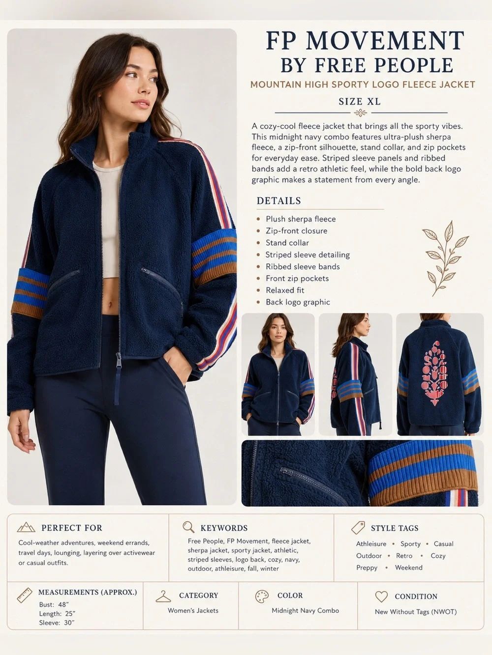 FP Movement Free People Mountain High Sporty Logo Fleece Jacket Navy XLARGE